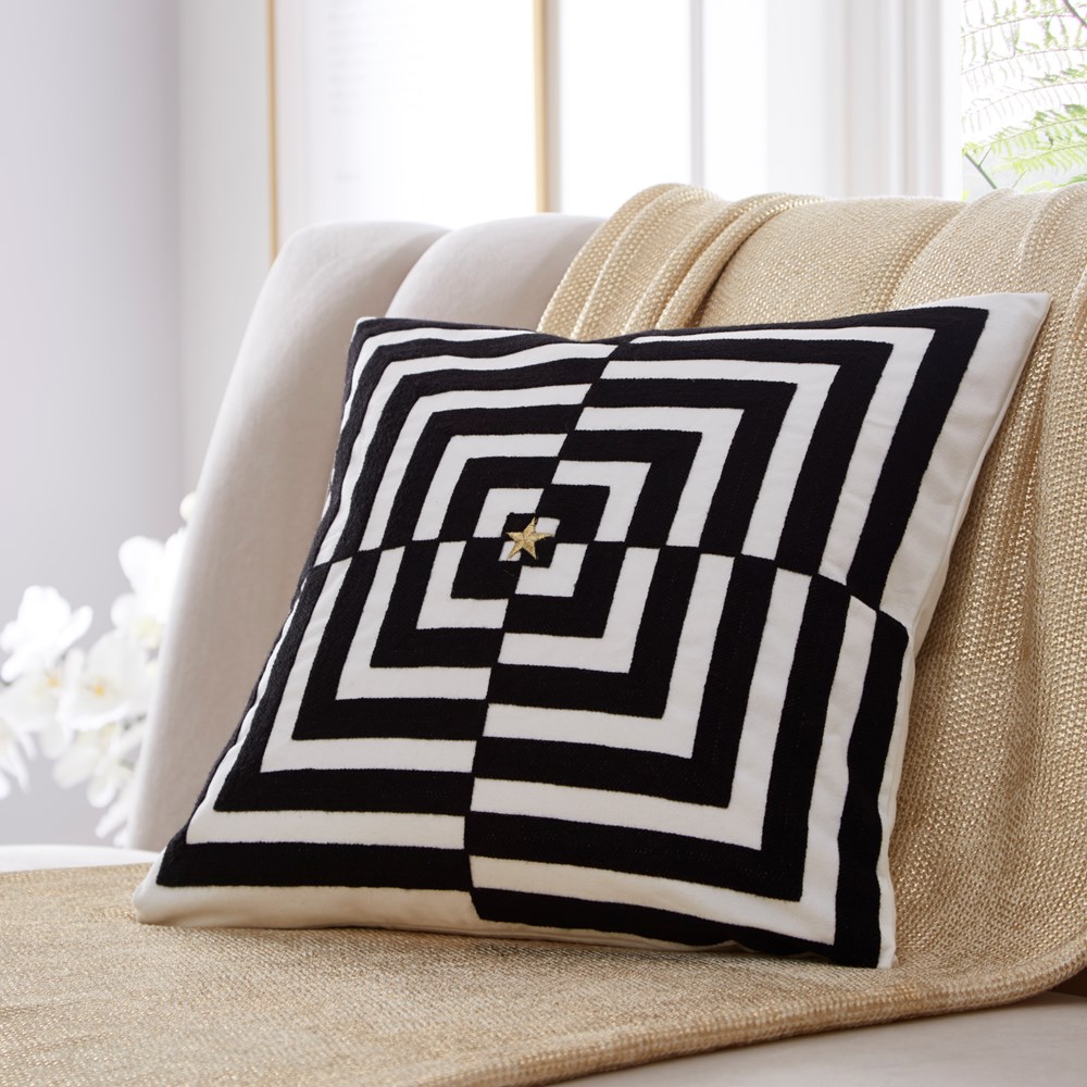 Op Art Geometric Cotton Cushion By Tess Daly in Black Gold